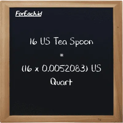 Cara konversi US Tea Spoon ke US Quart (tsp ke qt): 16 US Tea Spoon (tsp) setara dengan 16 dikalikan dengan 0.0052083 US Quart (qt)