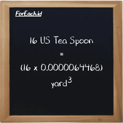 Cara konversi US Tea Spoon ke yard<sup>3</sup> (tsp ke yd<sup>3</sup>): 16 US Tea Spoon (tsp) setara dengan 16 dikalikan dengan 0.0000064468 yard<sup>3</sup> (yd<sup>3</sup>)