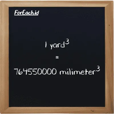 1 yard<sup>3</sup> setara dengan 764550000 milimeter<sup>3</sup> (1 yd<sup>3</sup> setara dengan 764550000 mm<sup>3</sup>)