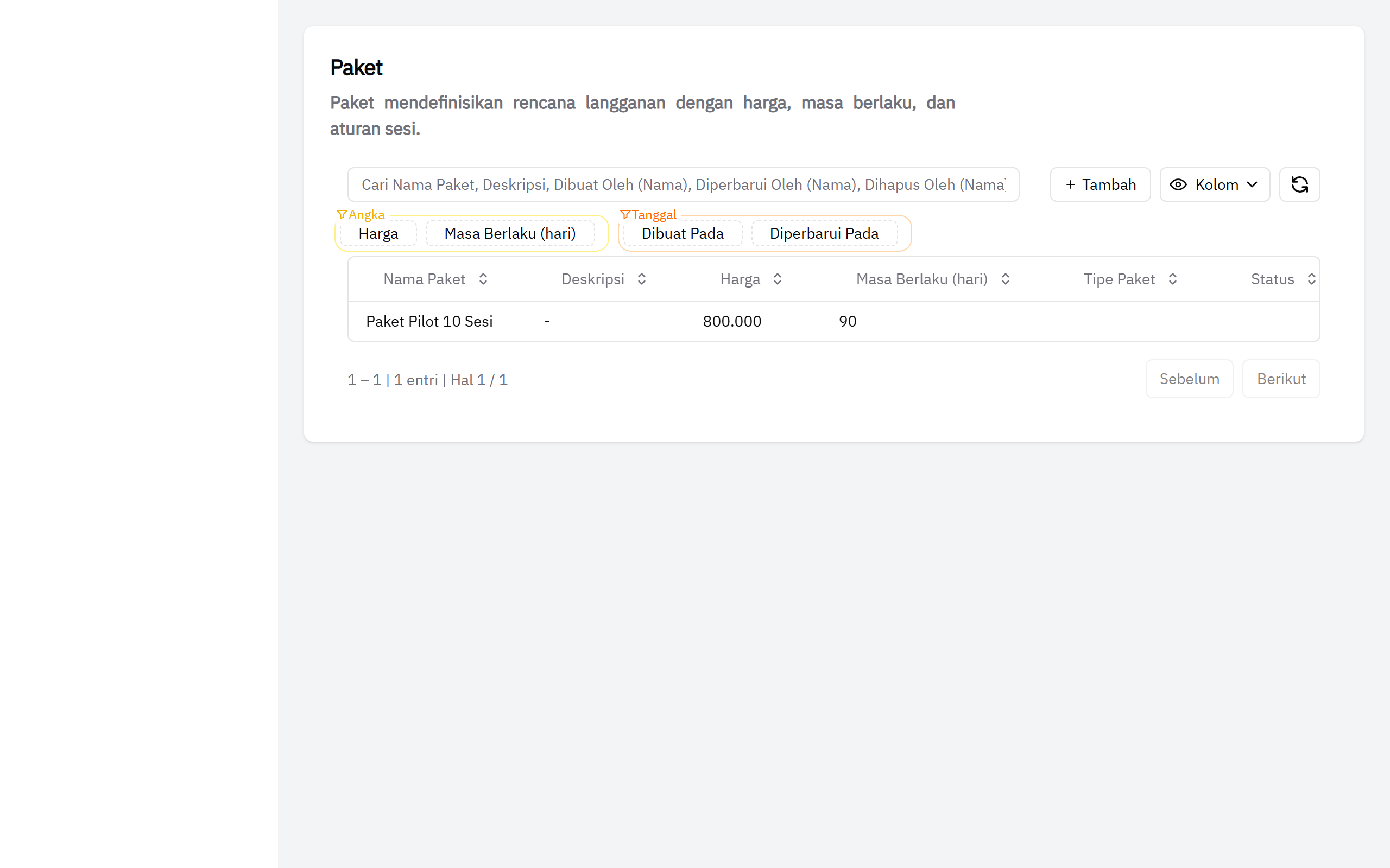 Package management in ForEach Pilates — package name, price, and validity period