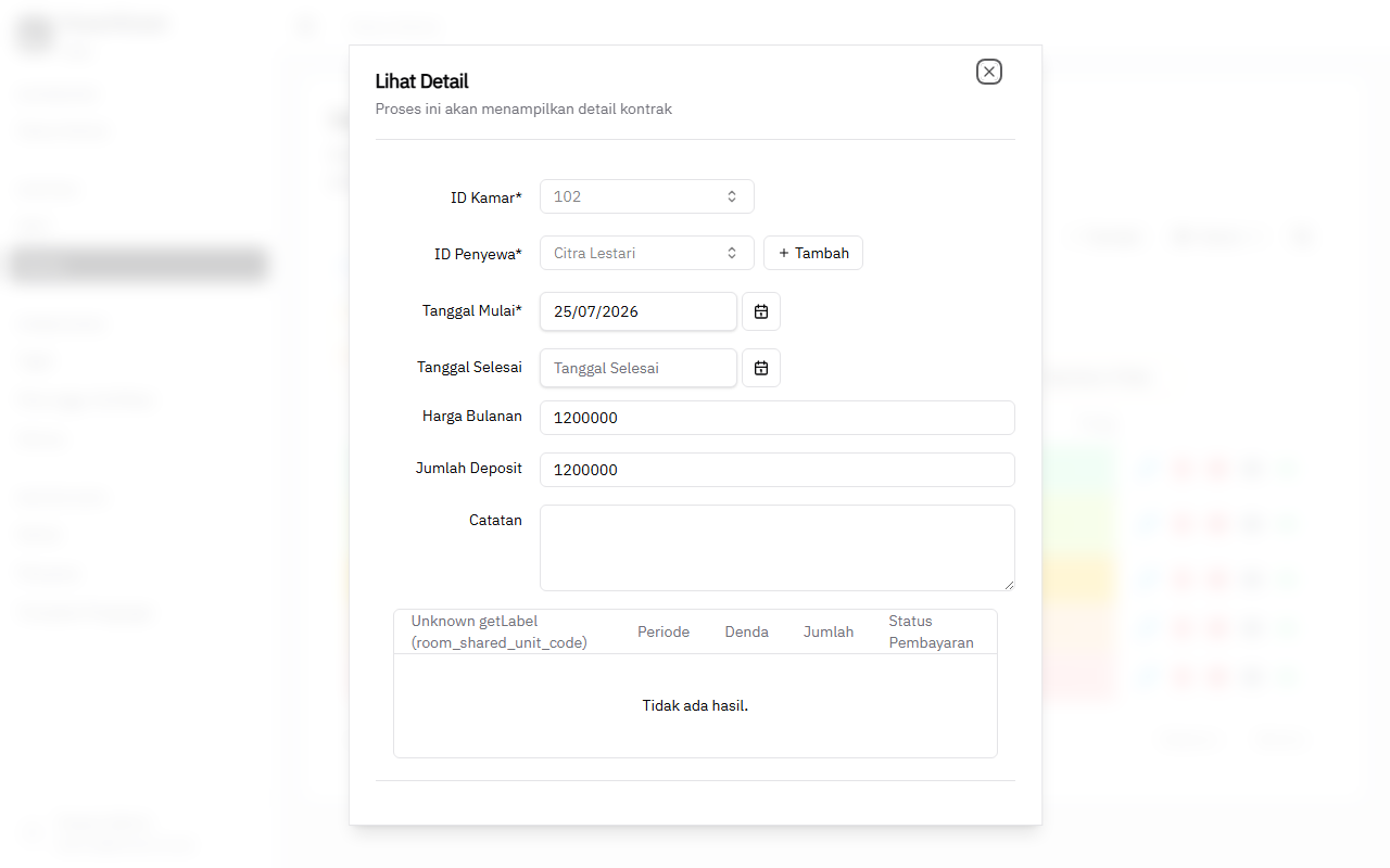 ForEach Kos-kosan — detail kontrak sewa dengan tanggal dan deposit